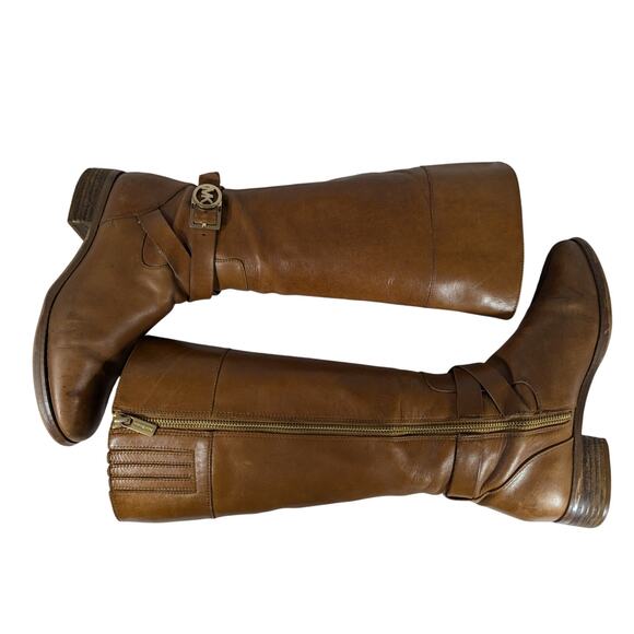 MICHAEL BY MICHAEL KORS! PECAN BROWN GENUINE LEATHER GOLD LOGO BOOTS!SZ 8M - Picture 6 of 12